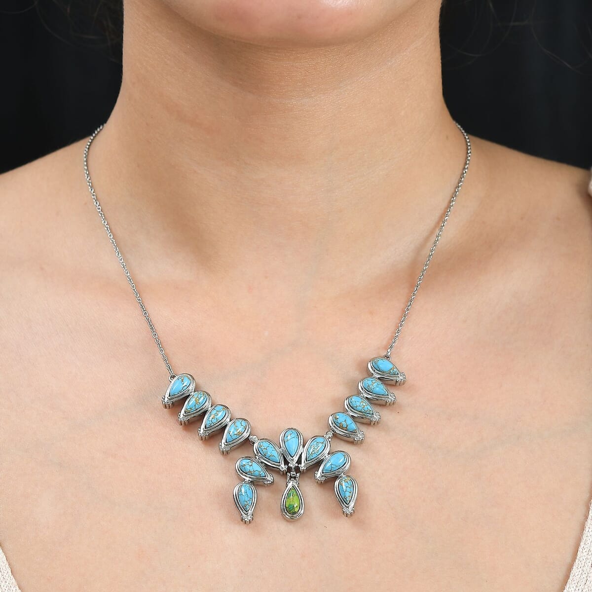 Mojave Green and Blue Turquoise 9.30 ctw Necklace 18 Inches in Stainless Steel image number 2