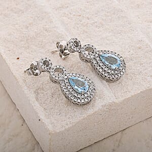 Blue Topaz and Simulated Diamond 3.85 ctw Teardrop Earrings in Silvertone