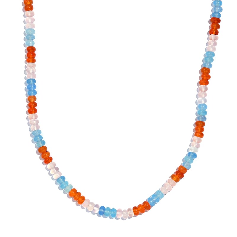 Pink and Blue Chalcedony (D), Carnelian 97.80 ctw Necklace 18 Inches in Rhodium Over Sterling Silver
