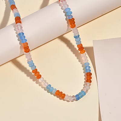 Pink and Blue Chalcedony (D), Carnelian 97.80 ctw Necklace 18 Inches in Rhodium Over Sterling Silver