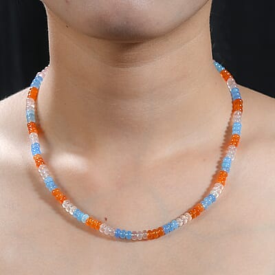 Pink and Blue Chalcedony (D), Carnelian 97.80 ctw Necklace 18 Inches in Rhodium Over Sterling Silver