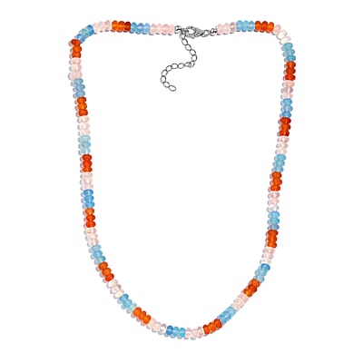 Pink and Blue Chalcedony (D), Carnelian 97.80 ctw Necklace 18 Inches in Rhodium Over Sterling Silver