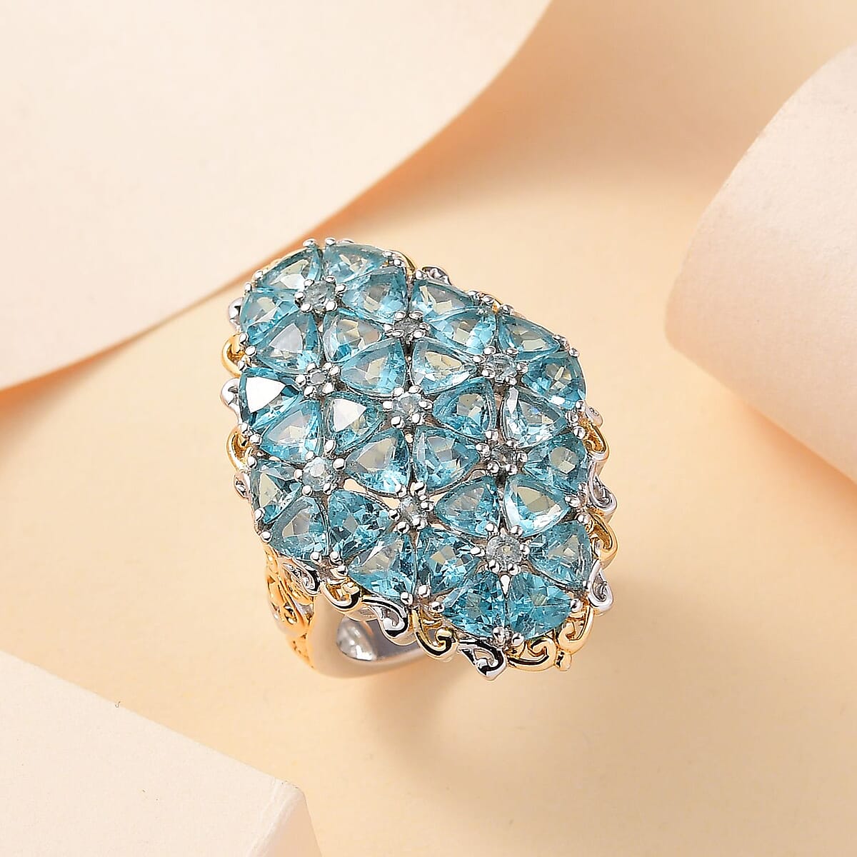 Betroka Blue Apatite 7.65 ctw Bunch of Flower Ring in 18K Vermeil YG and Rhodium Over Sterling Silver (Size 5.0) image number 1