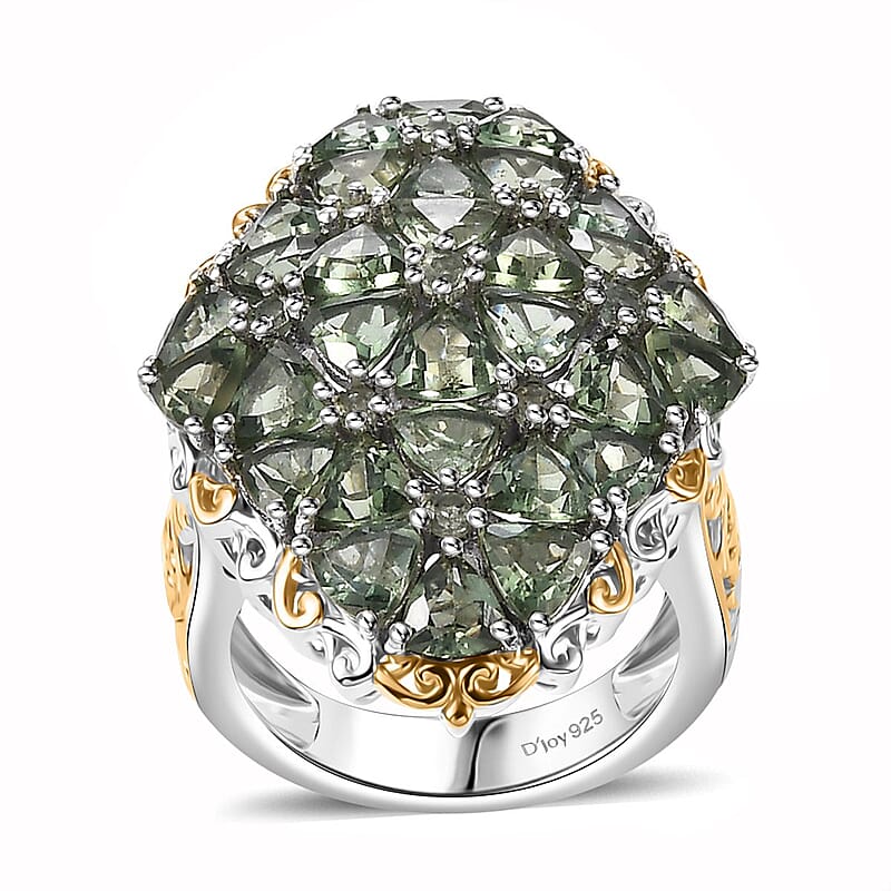 Tanzania Natural Green Apatite 8.00 ctw Ring in 18K Vermeil YG and Rhodium Over Sterling Silver (Size 7.0)