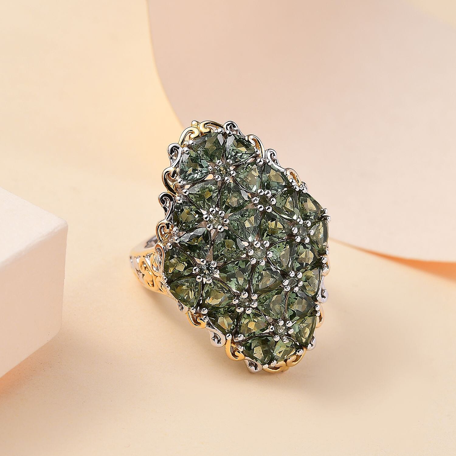 Tanzania Natural Green Apatite 8.00 ctw Ring in 18K Vermeil YG and Rhodium Over Sterling Silver (Size 7.0)
