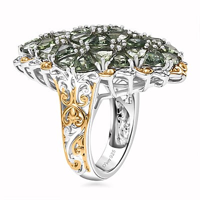 Tanzania Natural Green Apatite 8.00 ctw Ring in 18K Vermeil YG and Rhodium Over Sterling Silver (Size 7.0)