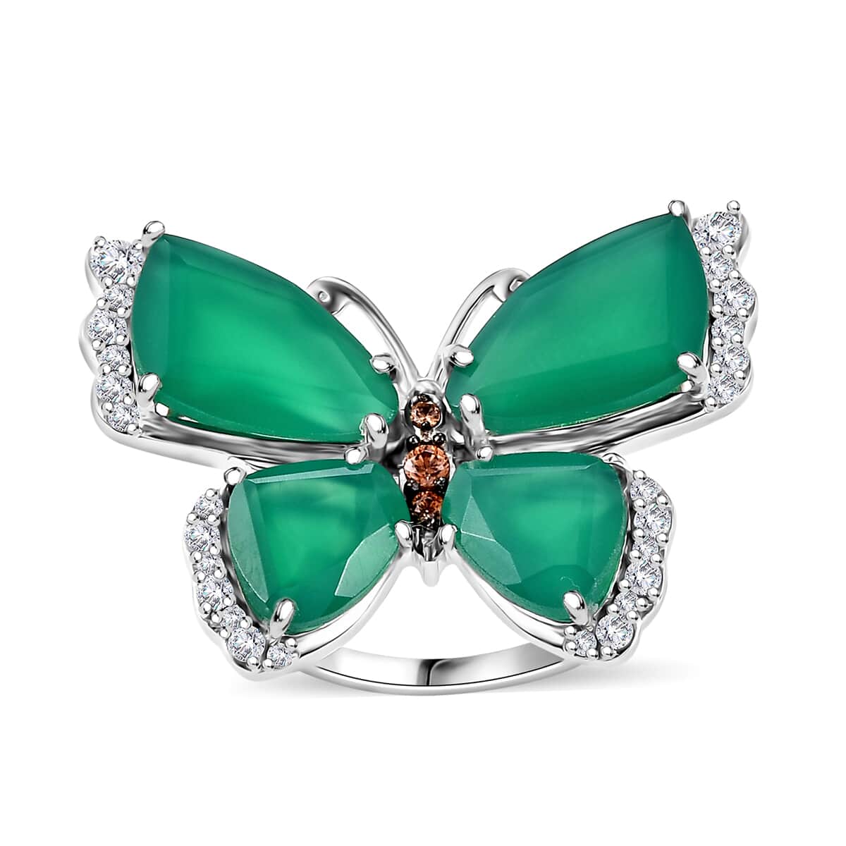 Green Onyx, Brown and White Zircon Butterfly Ring in Rhodium Over Sterling Silver 12.65 ctw image number 0