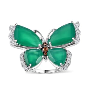 Verde Onyx, Brown and White Zircon 12.65 ctw Butterfly Ring in Rhodium Over Sterling Silver (Size 10.0) (Del. in 8-10 Days)