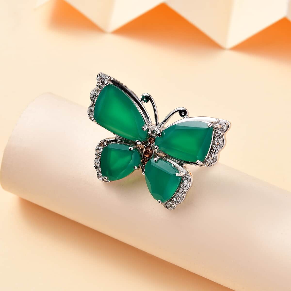 Verde Onyx, Brown and White Zircon 12.65 ctw Butterfly Ring in Rhodium Over Sterling Silver (Size 10.0) (Del. in 8-10 Days) image number 1