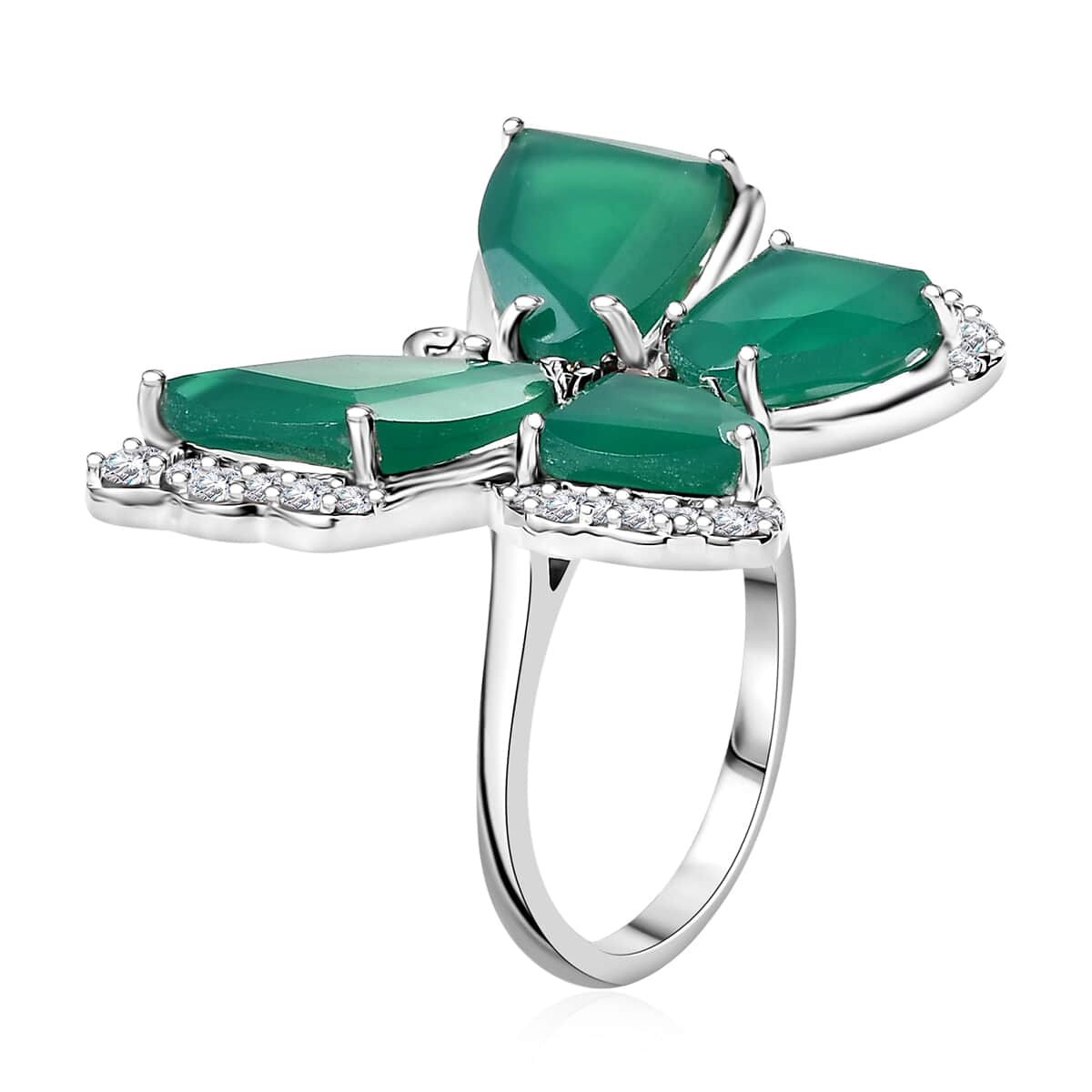 Green Onyx, Brown and White Zircon Butterfly Ring in Rhodium Over Sterling Silver 12.65 ctw image number 3