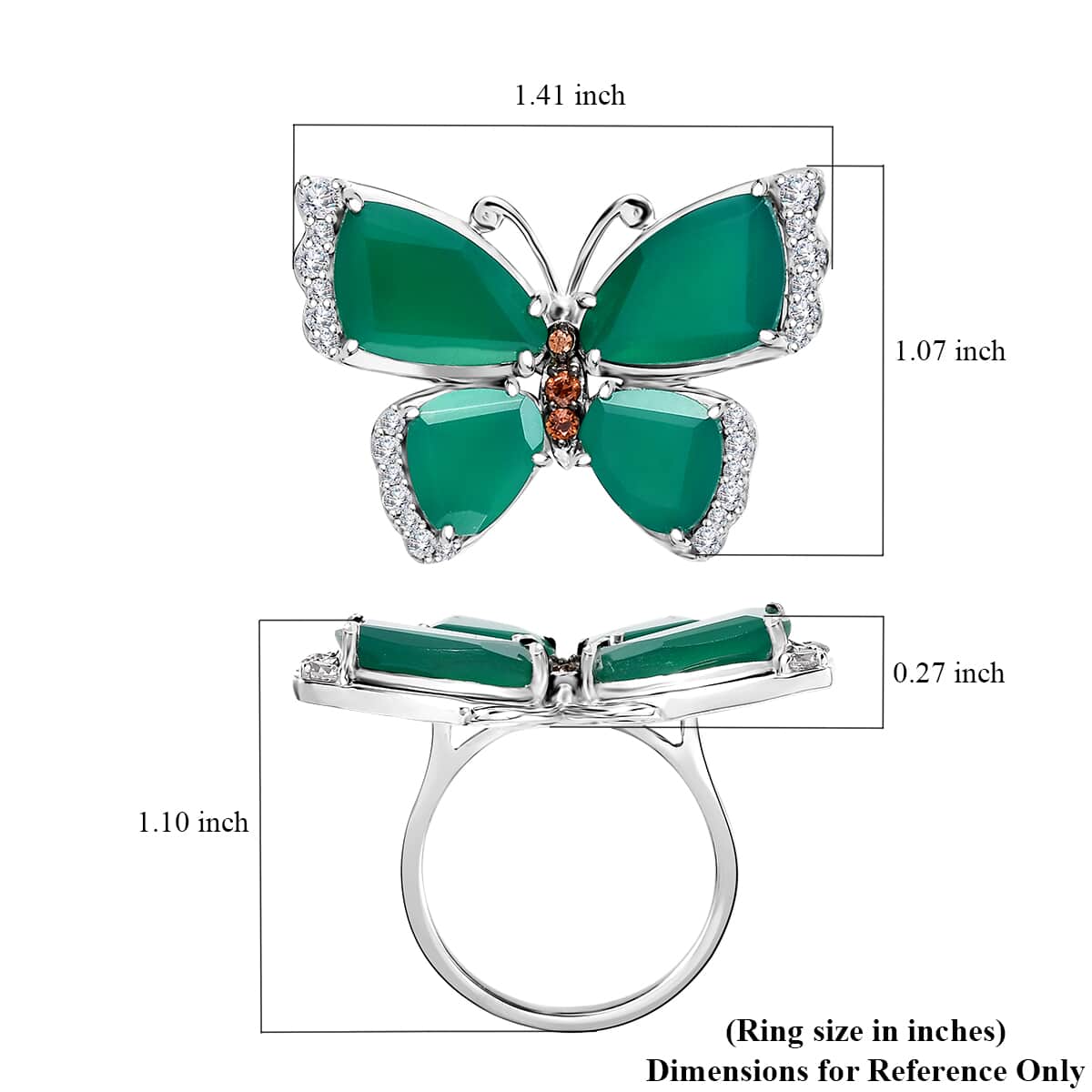 Verde Onyx, Brown and White Zircon 12.65 ctw Butterfly Ring in Rhodium Over Sterling Silver (Size 10.0) (Del. in 8-10 Days) image number 5