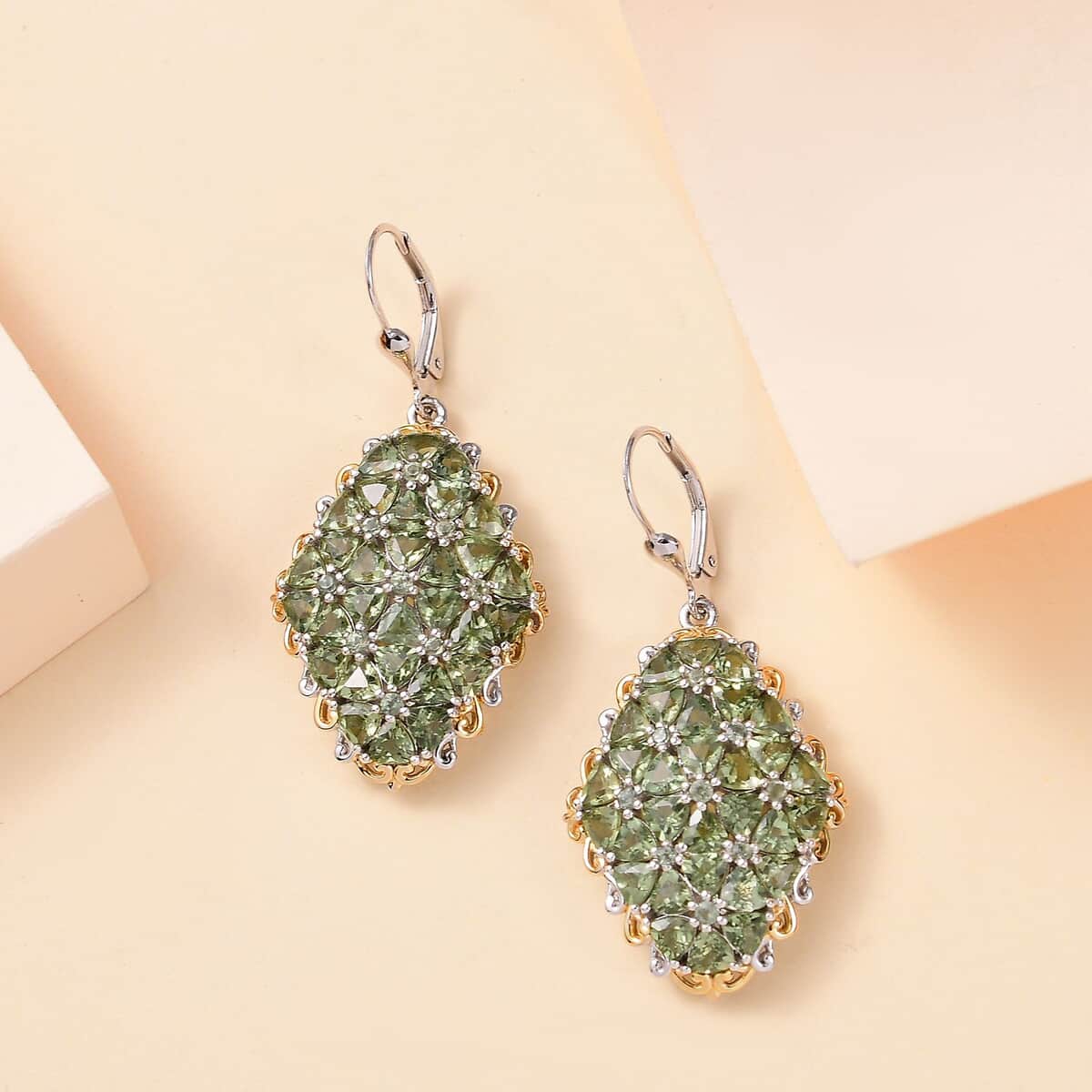 Tanzania Natural Green Apatite 12.10 ctw Cluster Earrings in 18K Vermeil YG and Rhodium Over Sterling Silver image number 1