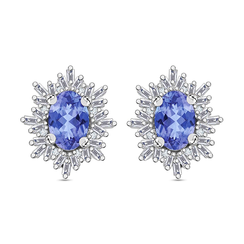 D'Joy Tanzanite and Diamond 1.20 ctw Stud Earrings in Rhodium Over Sterling Silver