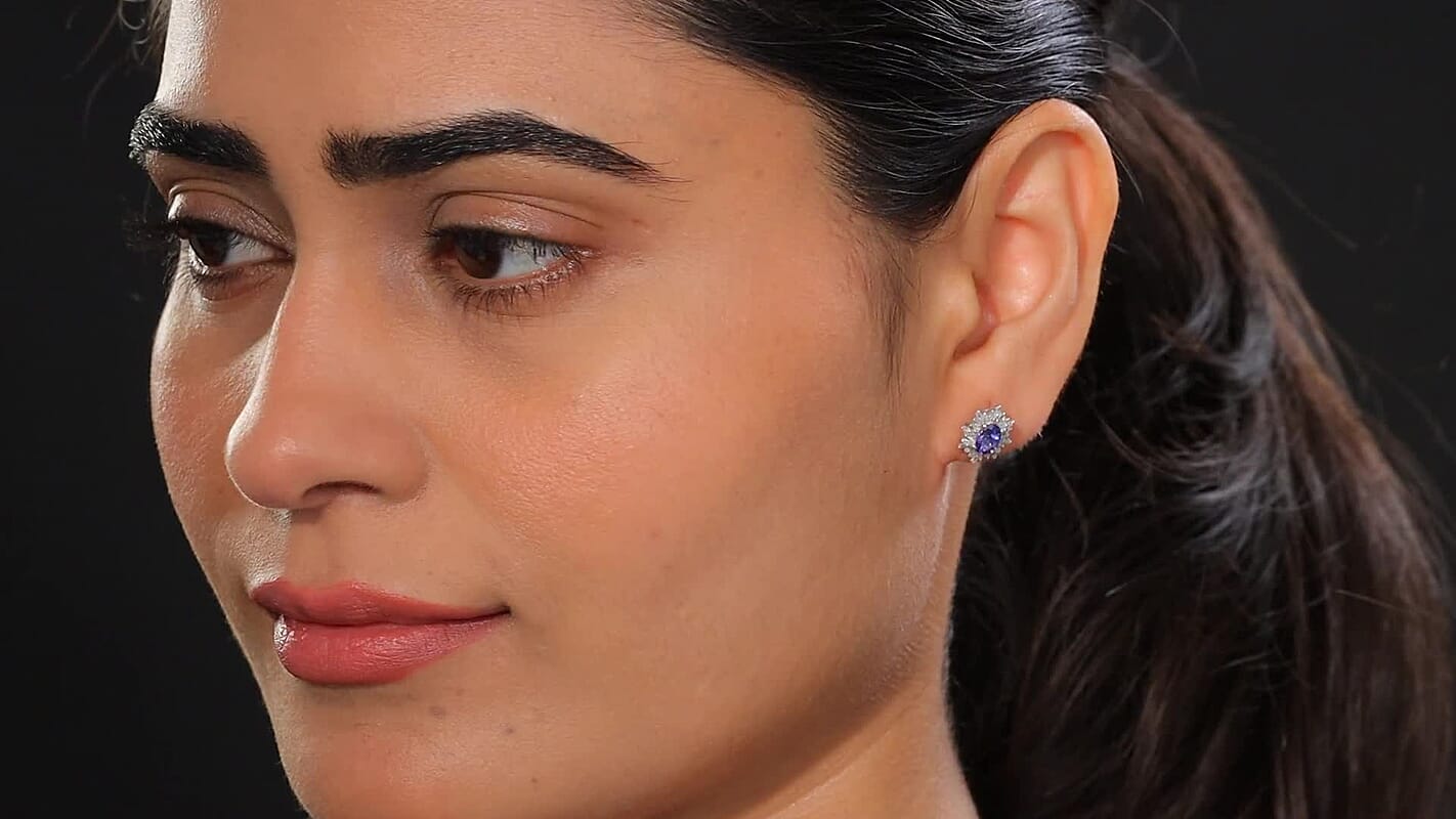 Tanzanite, Diamond (0.25 cts) Stud Earrings in Rhodium Over Sterling Silver 1.20 ctw