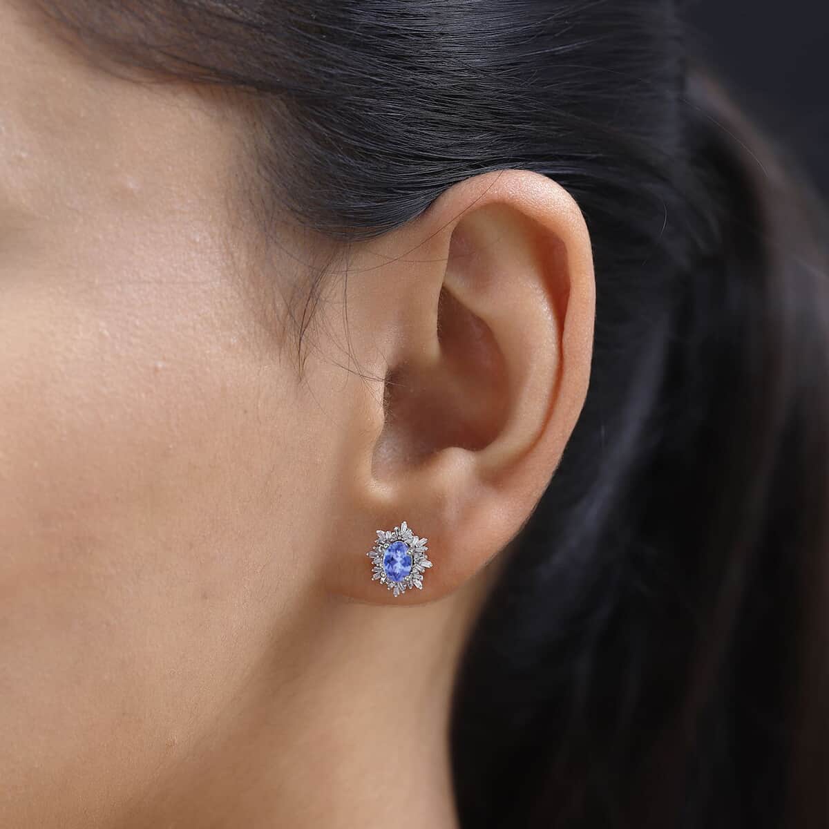 Tanzanite and Diamond 1.20 ctw Stud Earrings in Rhodium Over Sterling Silver image number 1