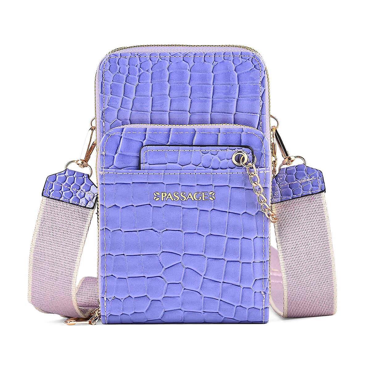 Passage Lavender Crocodile Embossed Faux Leather Crossbody Bag (4.3"x2.8"x7") with Shoulder Strap 47 Inches image number 0
