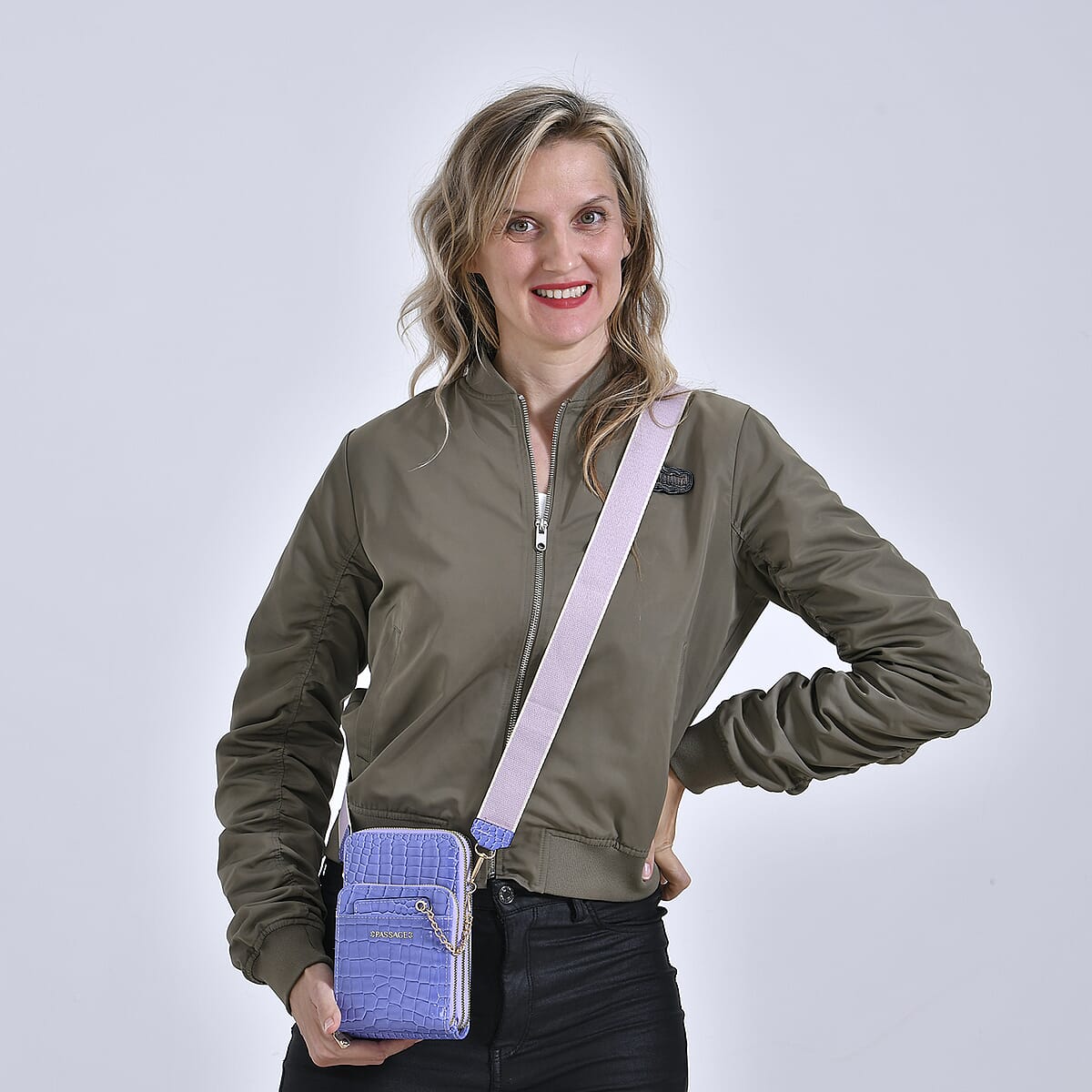 Passage Lavender Crocodile Embossed Faux Leather Crossbody Bag (4.3"x2.8"x7") with Shoulder Strap 47 Inches image number 1