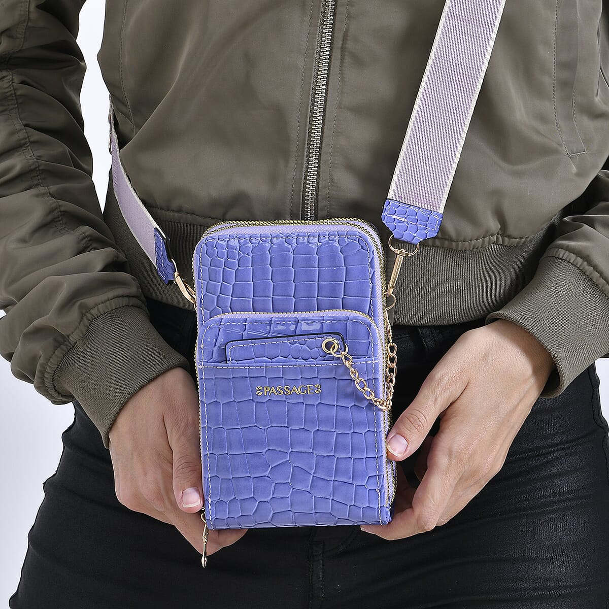 Passage Lavender Crocodile Embossed Faux Leather Crossbody Bag (4.3"x2.8"x7") with Shoulder Strap 47 Inches image number 2