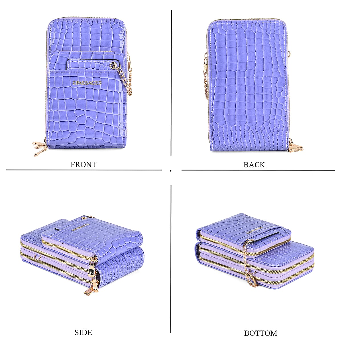 Passage Lavender Crocodile Embossed Faux Leather Crossbody Bag (4.3"x2.8"x7") with Shoulder Strap 47 Inches image number 3