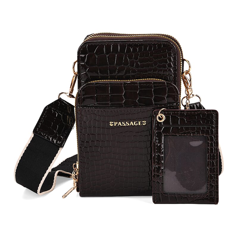 Passage Dark Coffee Crocodile Embossed Faux Leather Crossbody Bag with Shoulder Strap 47 Inches