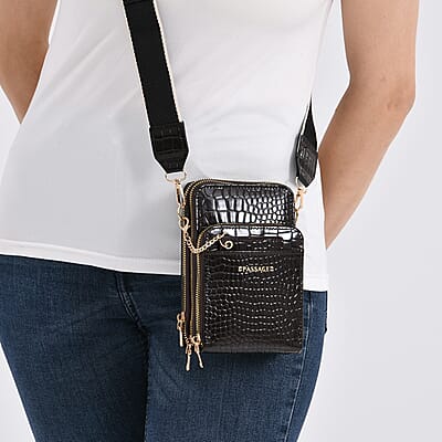 Passage Dark Coffee Crocodile Embossed Faux Leather Crossbody Bag with Shoulder Strap 47 Inches