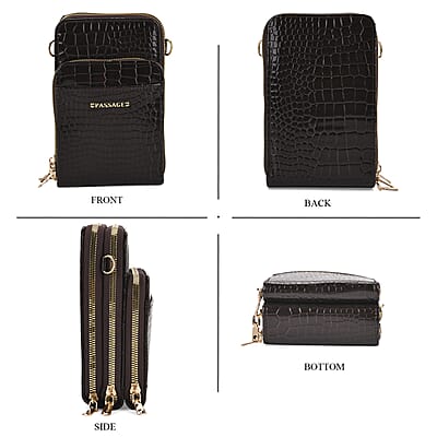 Passage Dark Coffee Crocodile Embossed Faux Leather Crossbody Bag with Shoulder Strap 47 Inches