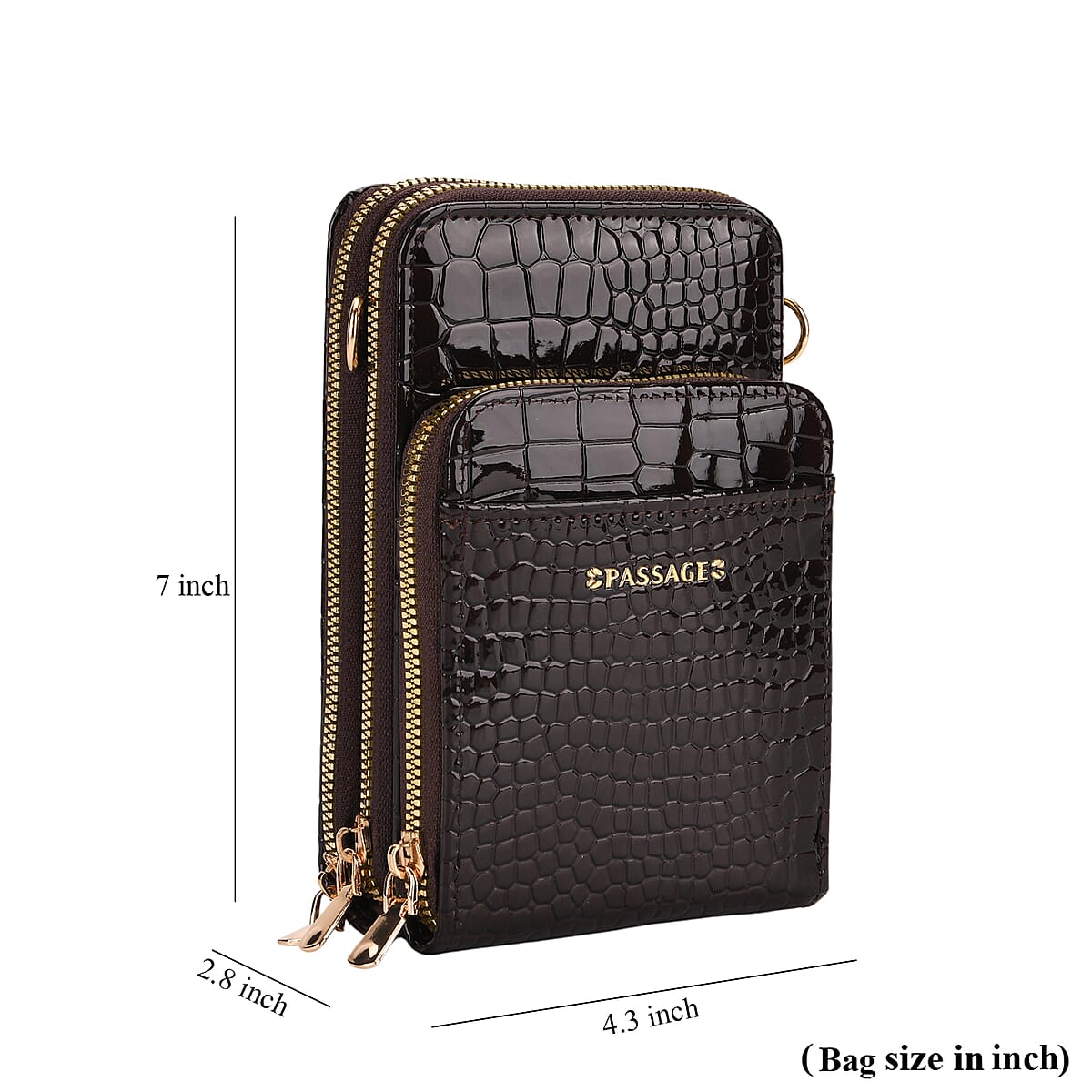 Passage Dark Coffee Crocodile Embossed Faux Leather Crossbody Bag with Shoulder Strap 47 Inches image number 8