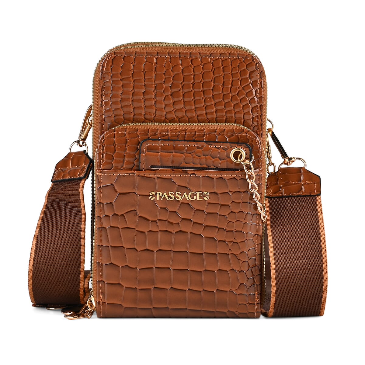 Passage Brown Crocodile Embossed Faux Leather Crossbody Bag with Shoulder Strap 47 Inches image number 0