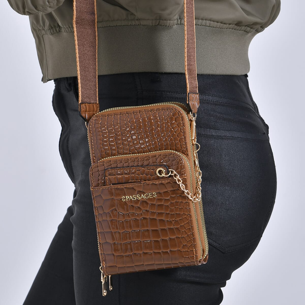 Passage Brown Crocodile Embossed Faux Leather Crossbody Bag with Shoulder Strap 47 Inches image number 2