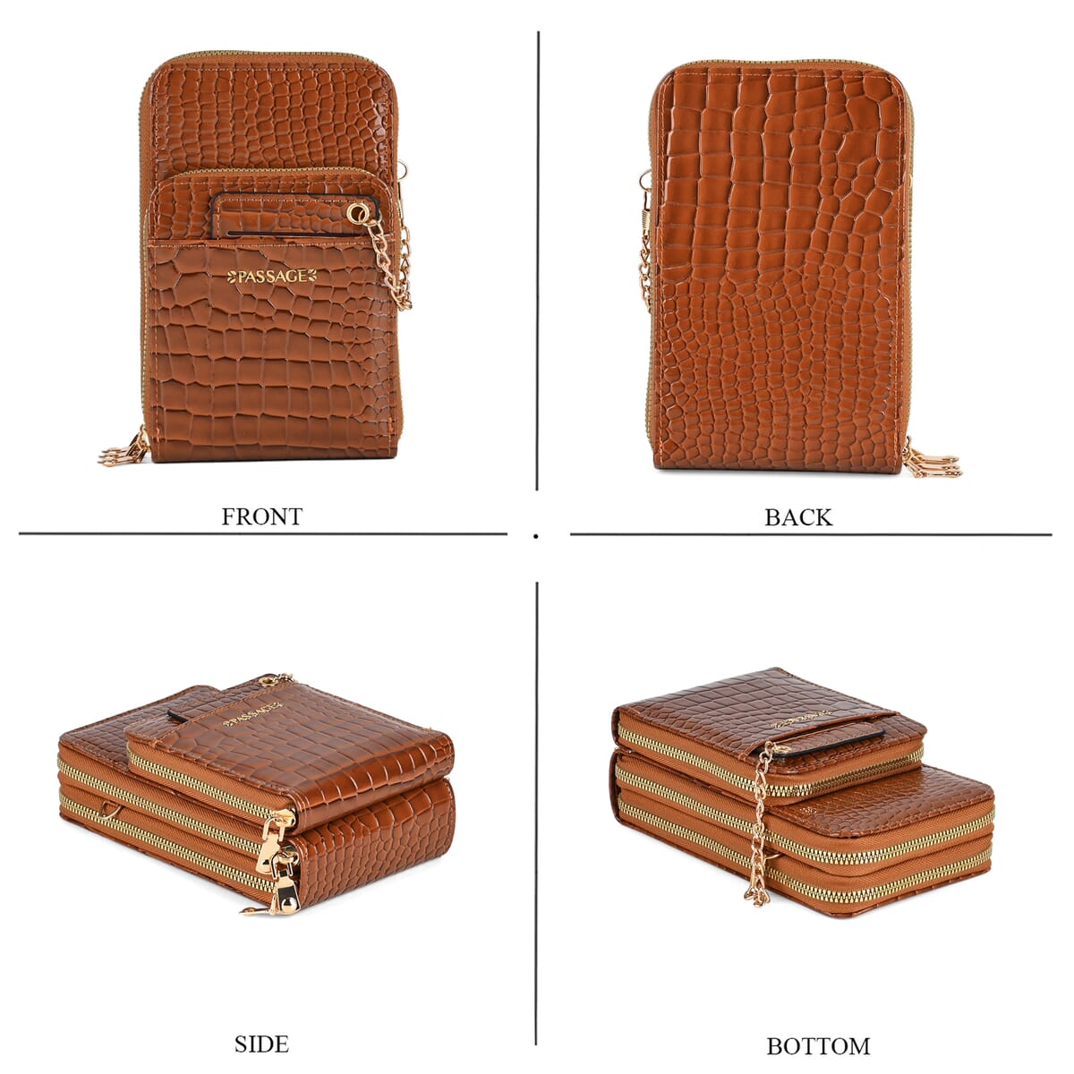 Passage Brown Crocodile Embossed Faux Leather Crossbody Bag with Shoulder Strap 47 Inches image number 3