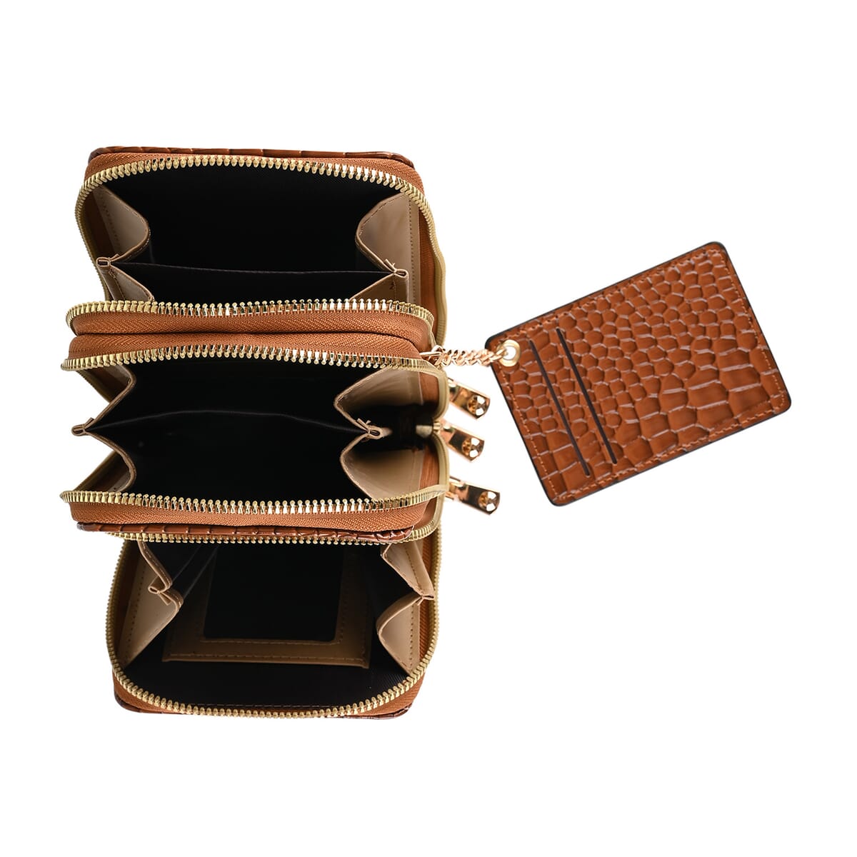 Passage Brown Crocodile Embossed Faux Leather Crossbody Bag with Shoulder Strap 47 Inches image number 4