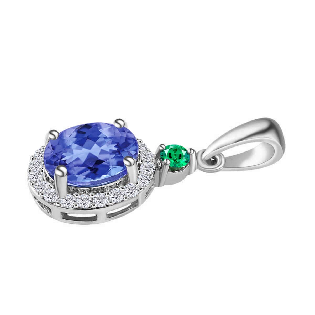 Luxoro 14K White Gold Premium Tanzanite, Boyaca Colombian Emerald, Diamond (G-H, I1) (0.16 cts) Pendant 1.60 ctw image number 2