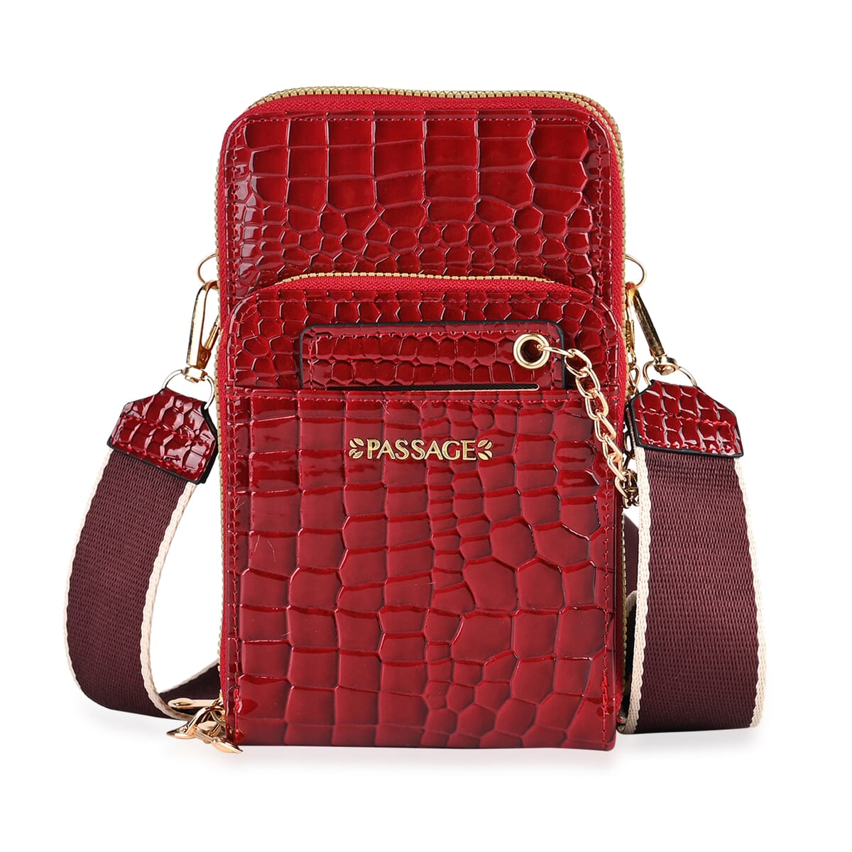 Passage Burgundy Crocodile Embossed Faux Leather Crossbody Bag with Shoulder Strap 47 Inches image number 0