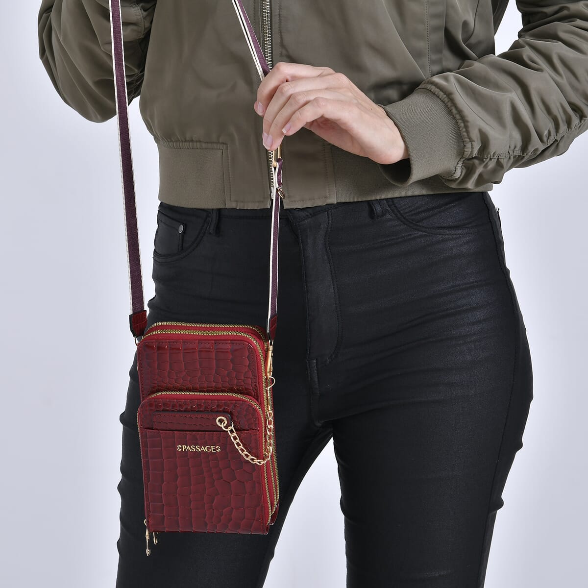 Passage Burgundy Crocodile Embossed Faux Leather Crossbody Bag with Shoulder Strap 47 Inches image number 2