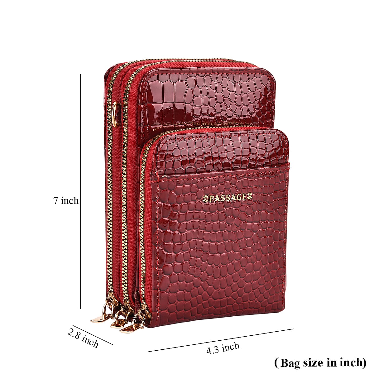 Passage Burgundy Crocodile Embossed Faux Leather Crossbody Bag with Shoulder Strap 47 Inches image number 8