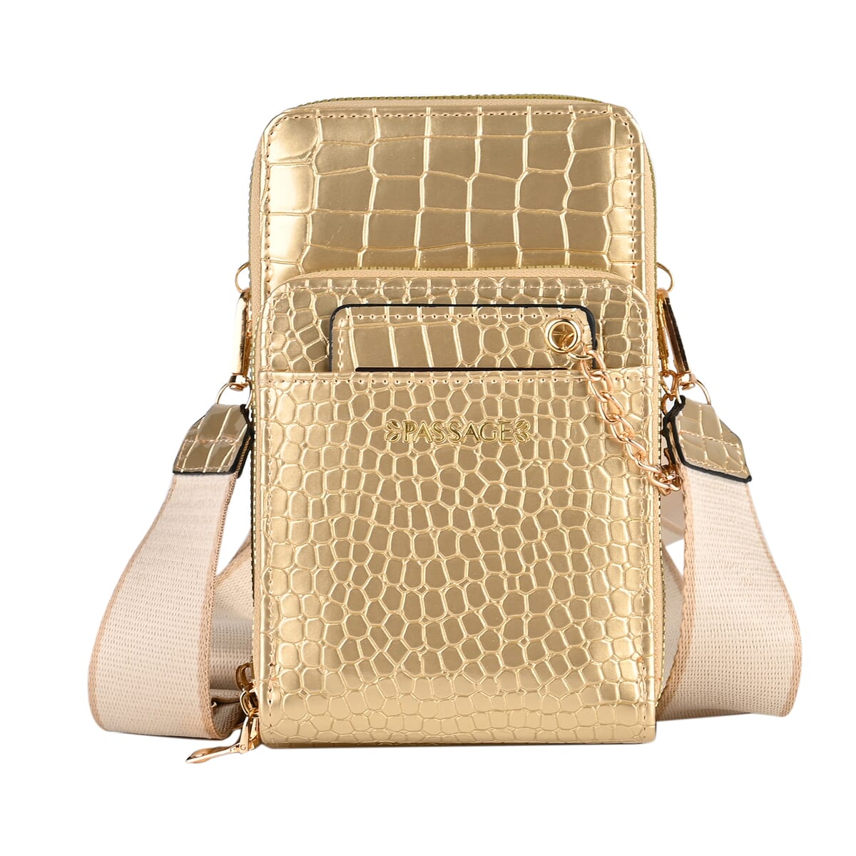 Passage Khaki Crocodile Embossed Faux Leather Crossbody Bag with Shoulder Strap 47 Inches image number 0