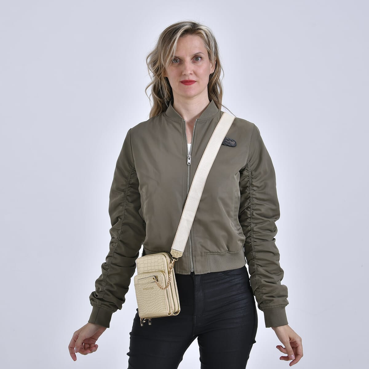 Passage Khaki Crocodile Embossed Faux Leather Crossbody Bag with Shoulder Strap 47 Inches image number 1