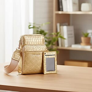 Passage Khaki Crocodile Embossed Faux Leather Crossbody Bag with Shoulder Strap 47 Inches