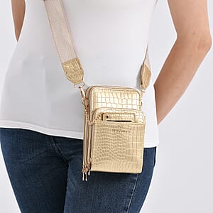 Passage Khaki Crocodile Embossed Faux Leather Crossbody Bag with Shoulder Strap 47 Inches