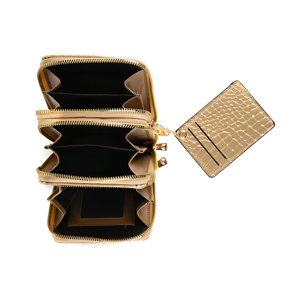 Passage Khaki Crocodile Embossed Faux Leather Crossbody Bag with Shoulder Strap 47 Inches image number 4