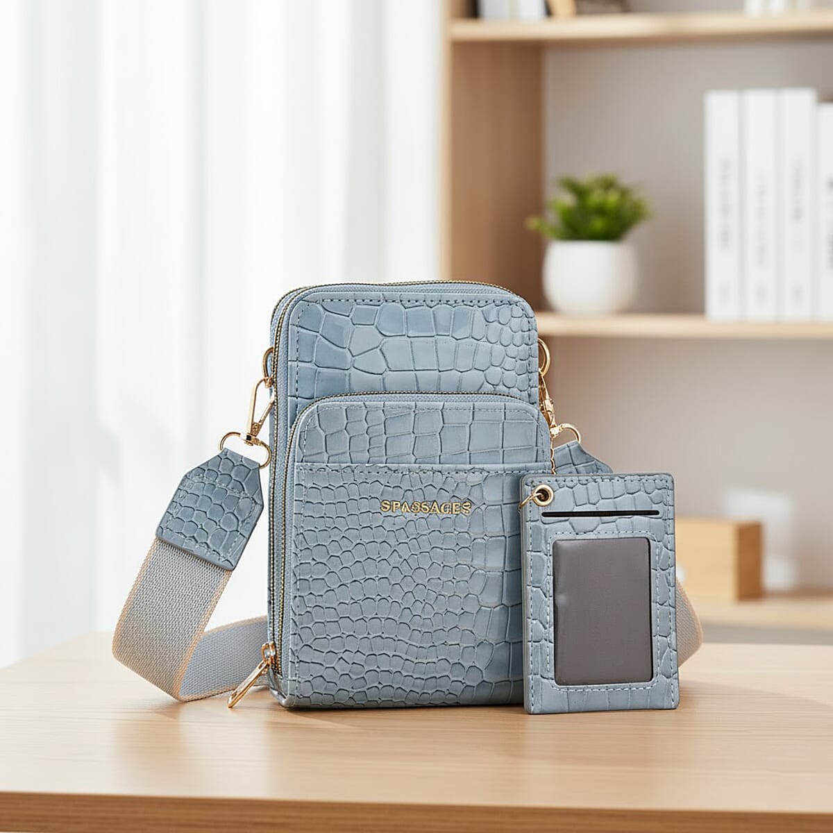 Passage Blue Crocodile Embossed Faux Leather Crossbody Bag with Shoulder Strap 47 Inches image number 1