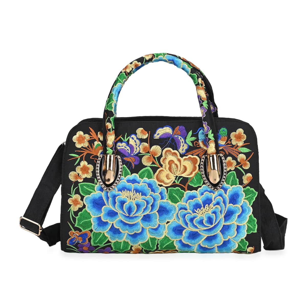 Blue Flower Embroidered Floral Pattern Handbag with Detachable Shoulder Strap image number 0