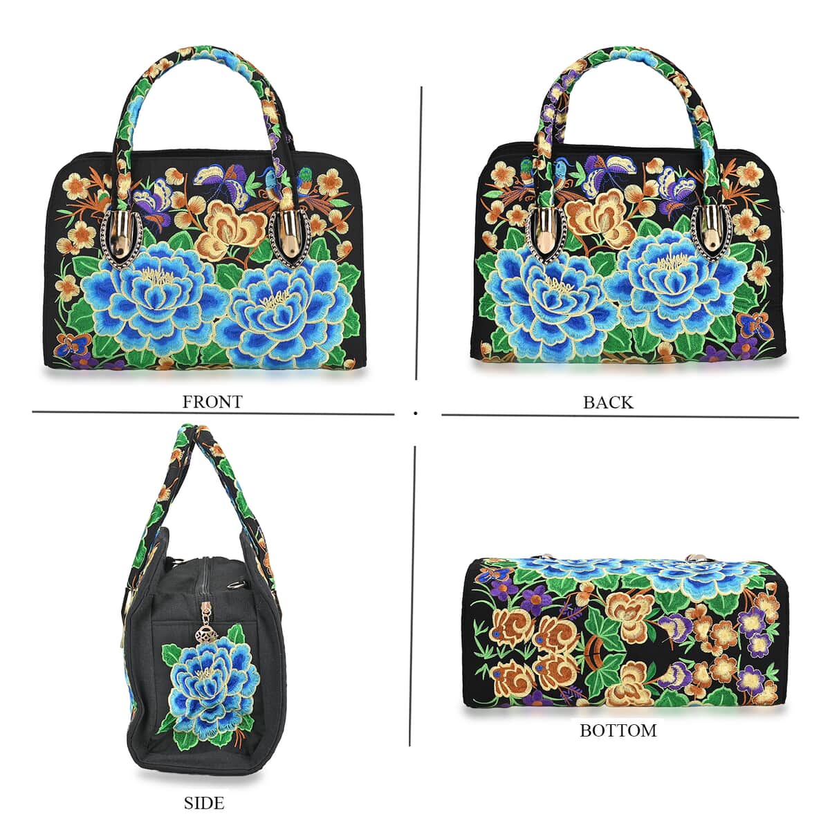 Blue Flower Embroidered Floral Pattern Handbag with Detachable Shoulder Strap image number 3