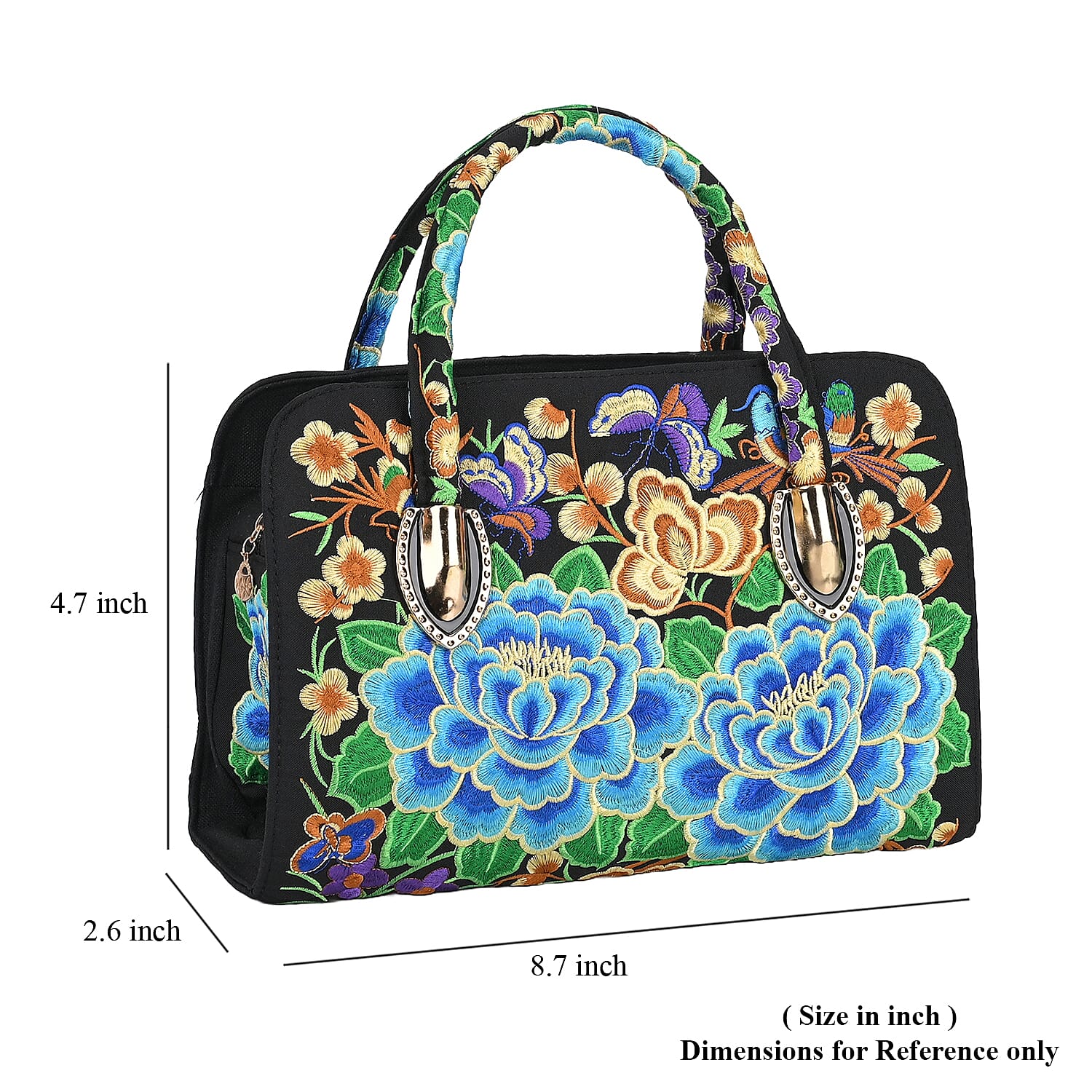 Blue Flower Embroidered Floral Pattern Handbag with Detachable Shoulder Strap