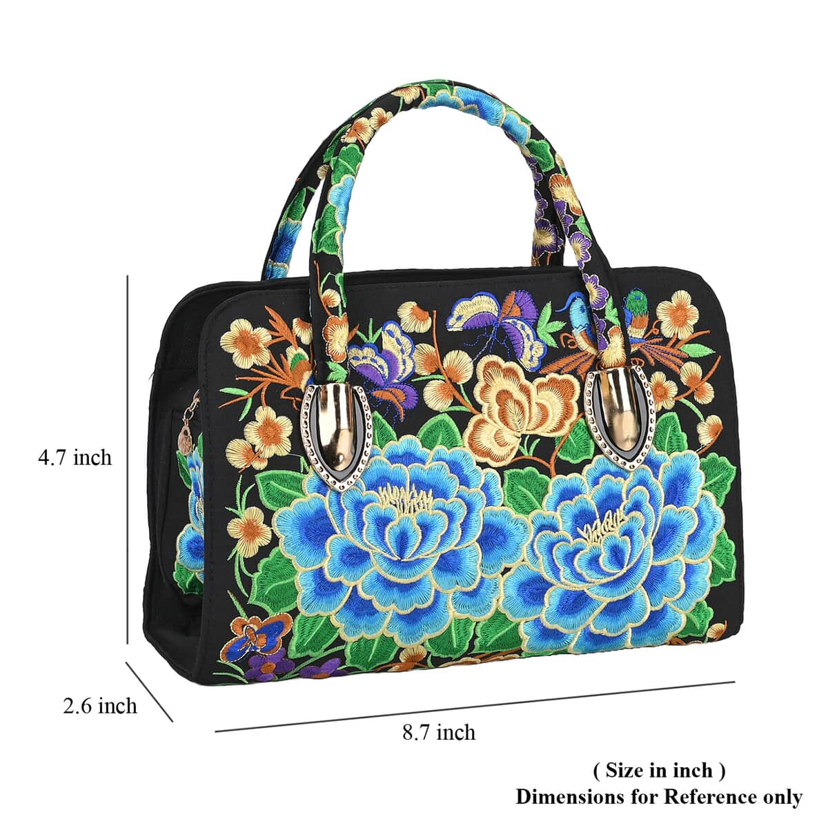 Blue Flower Embroidered Floral Pattern Handbag with Detachable Shoulder Strap image number 6