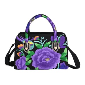 Purple Flower Embroidered Floral Pattern Handbag with Detachable Shoulder Strap