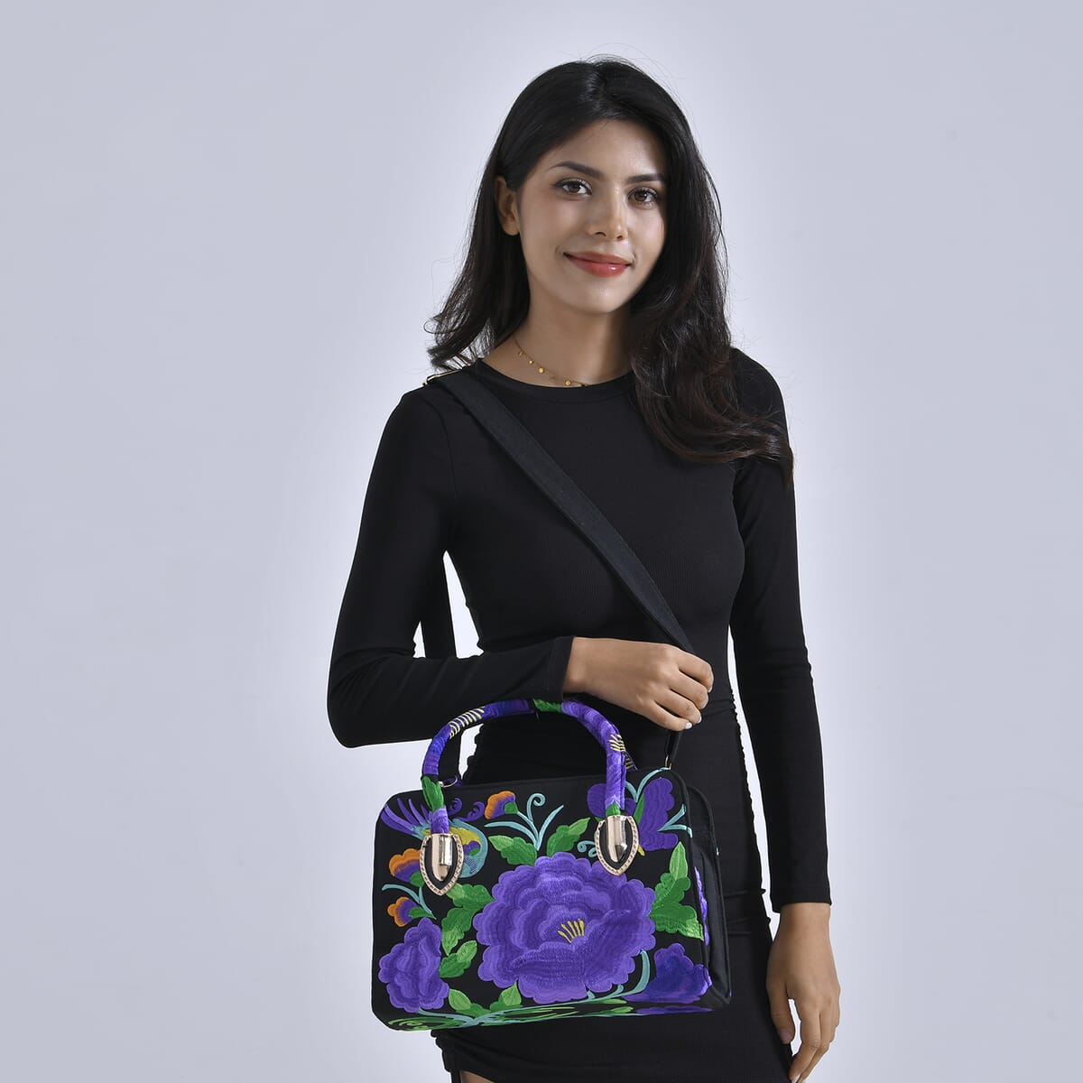 Purple Flower Embroidered Floral Pattern Handbag with Detachable Shoulder Strap image number 1