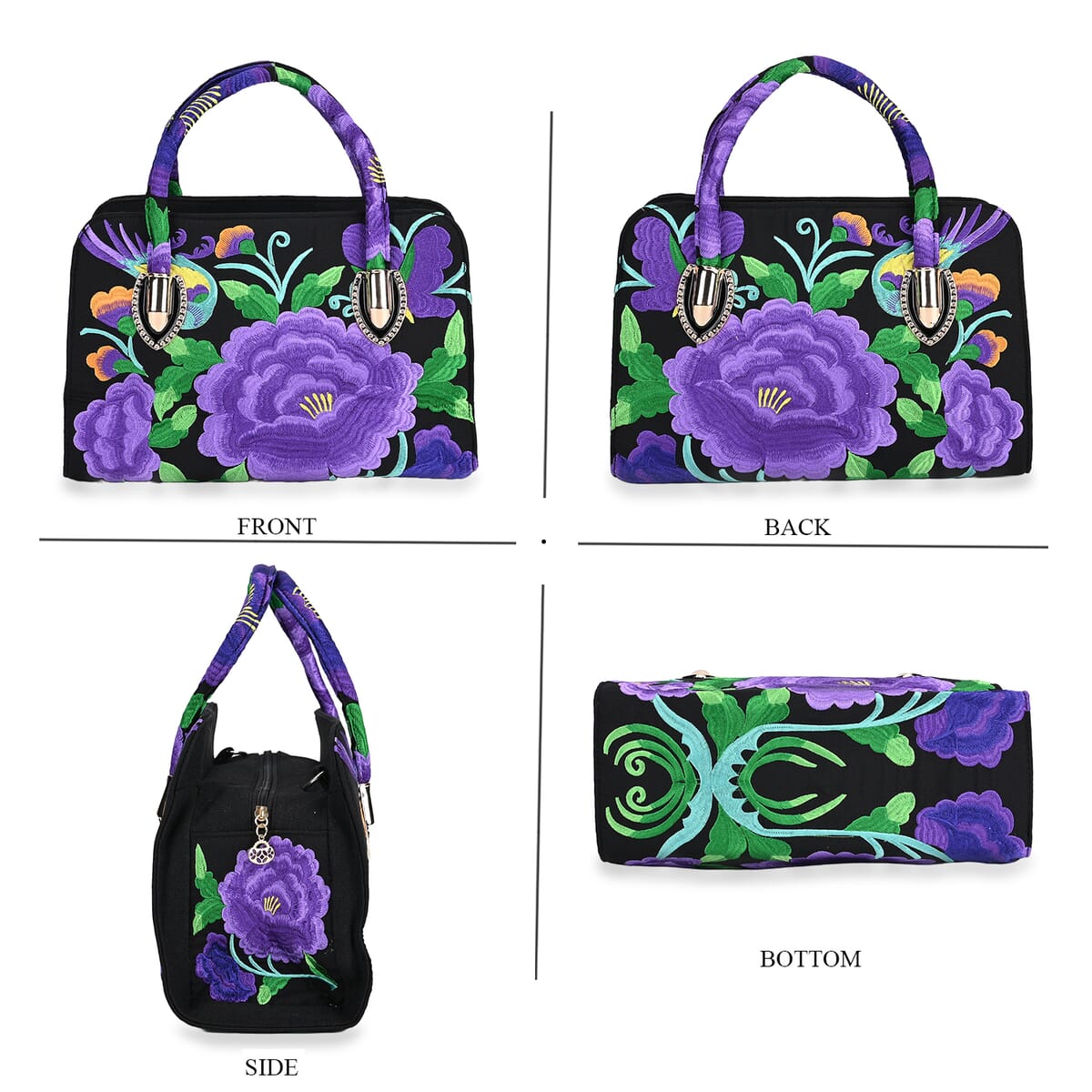 Purple Flower Embroidered Floral Pattern Handbag with Detachable Shoulder Strap image number 3