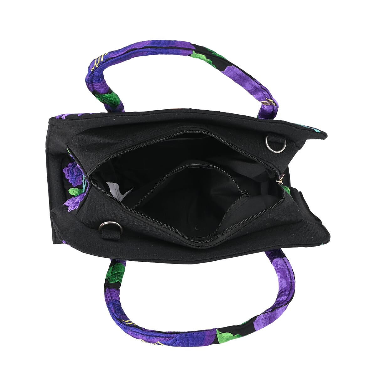 Purple Flower Embroidered Floral Pattern Handbag with Detachable Shoulder Strap image number 4