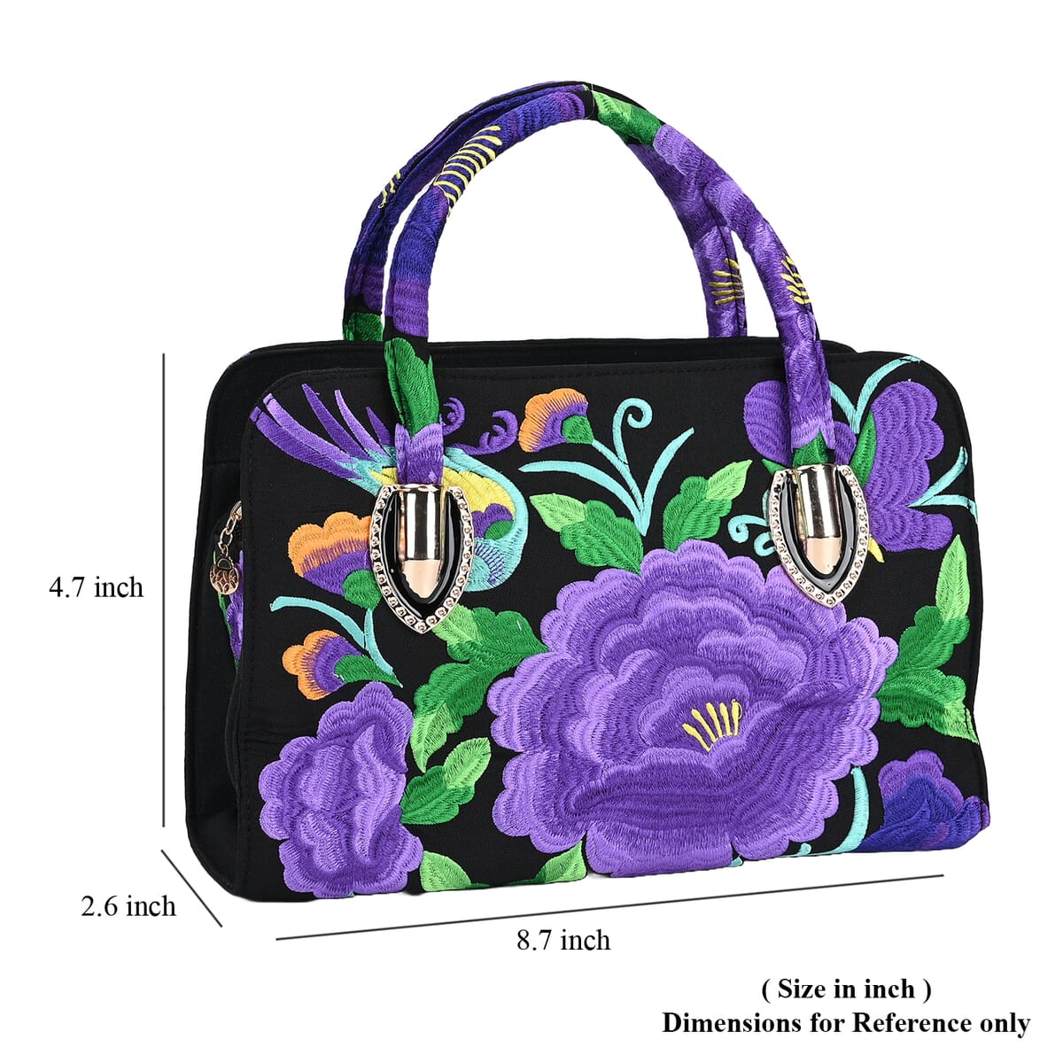 Purple Flower Embroidered Floral Pattern Handbag with Detachable Shoulder Strap image number 6